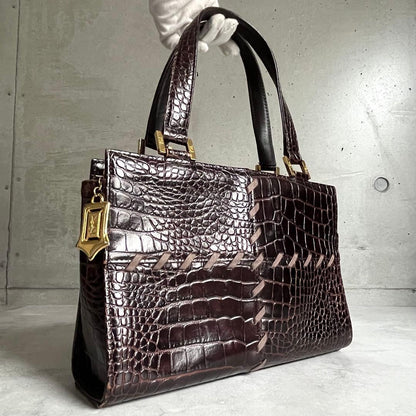 Saint Laurent Croco Embossed Handbag Brown