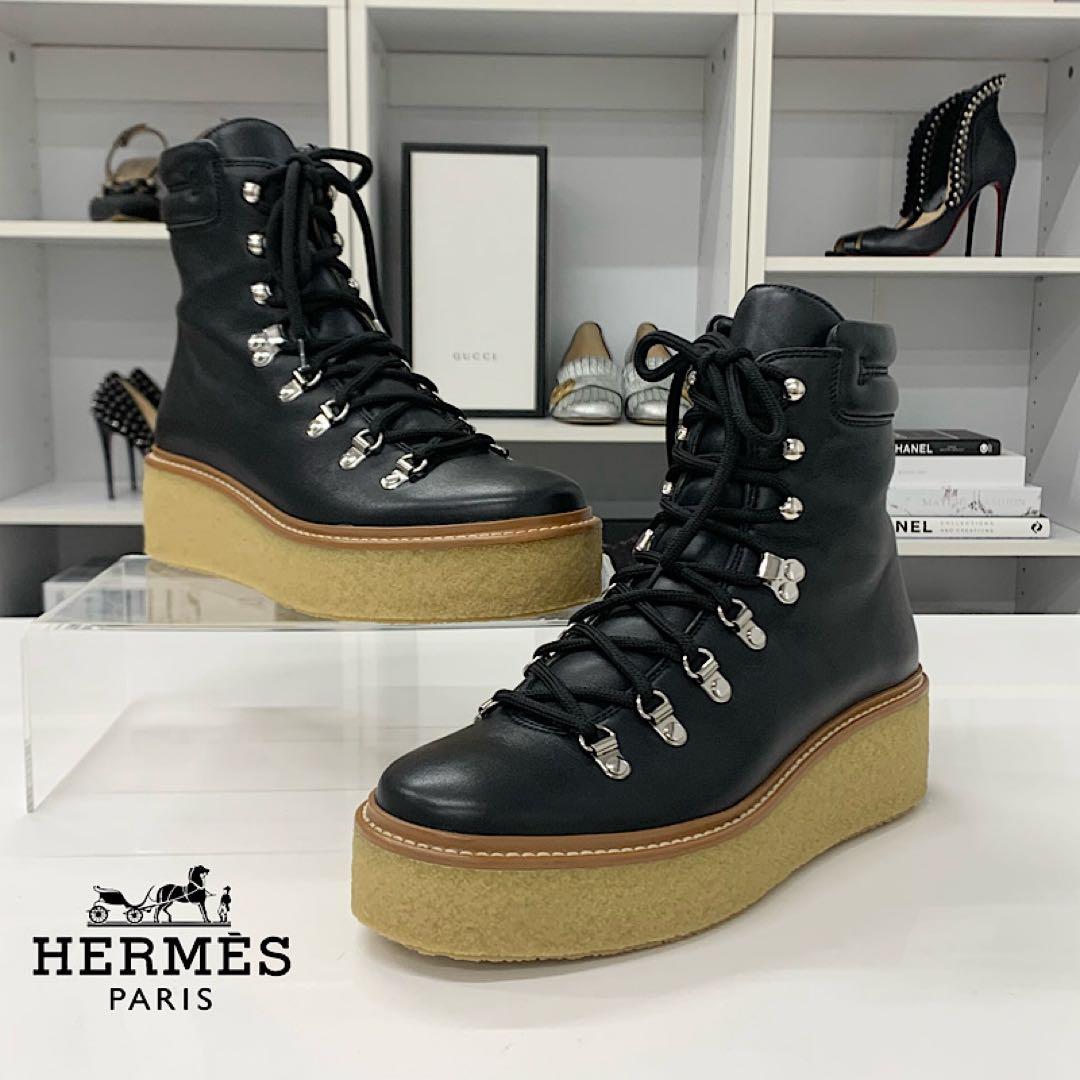 Hermes Discovery Leather Lace-up Platform Short Boots Black