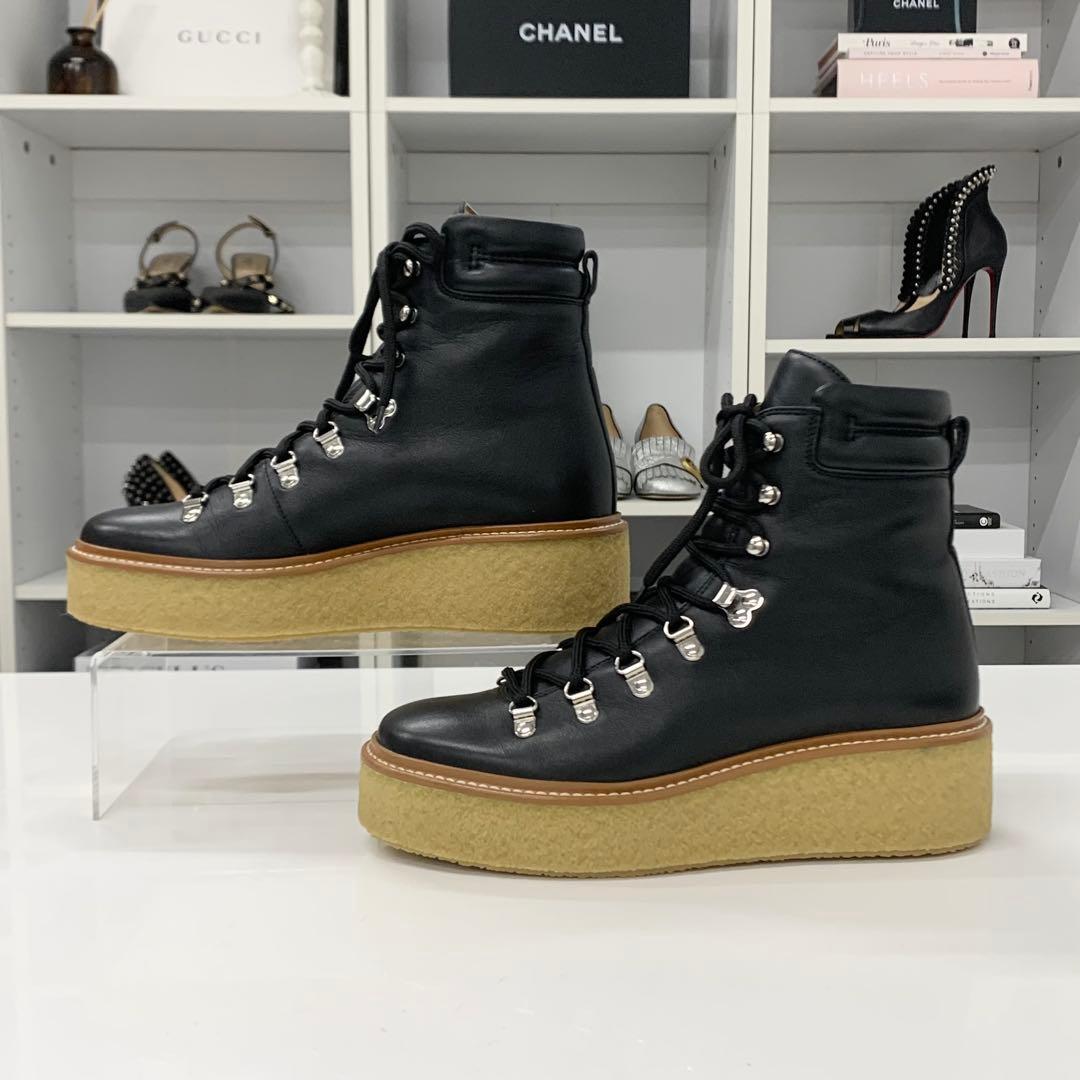 Hermes Discovery Leather Lace-up Platform Short Boots Black