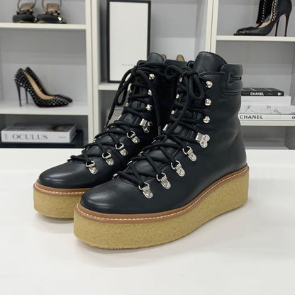 Hermes Discovery Leather Lace-up Platform Short Boots Black