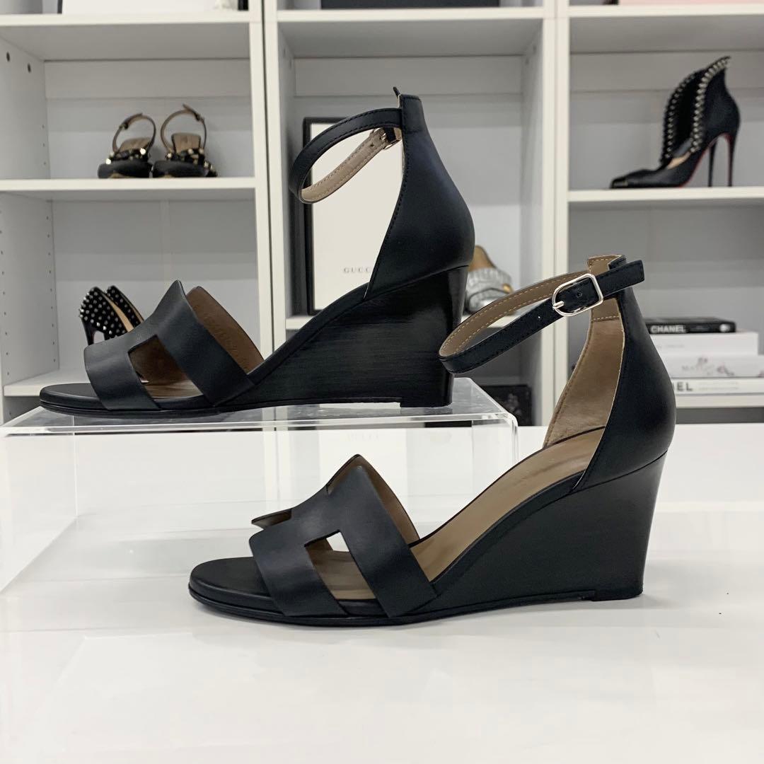 Hermes Legend Leather Wedge Sole Sandals Black — view 2