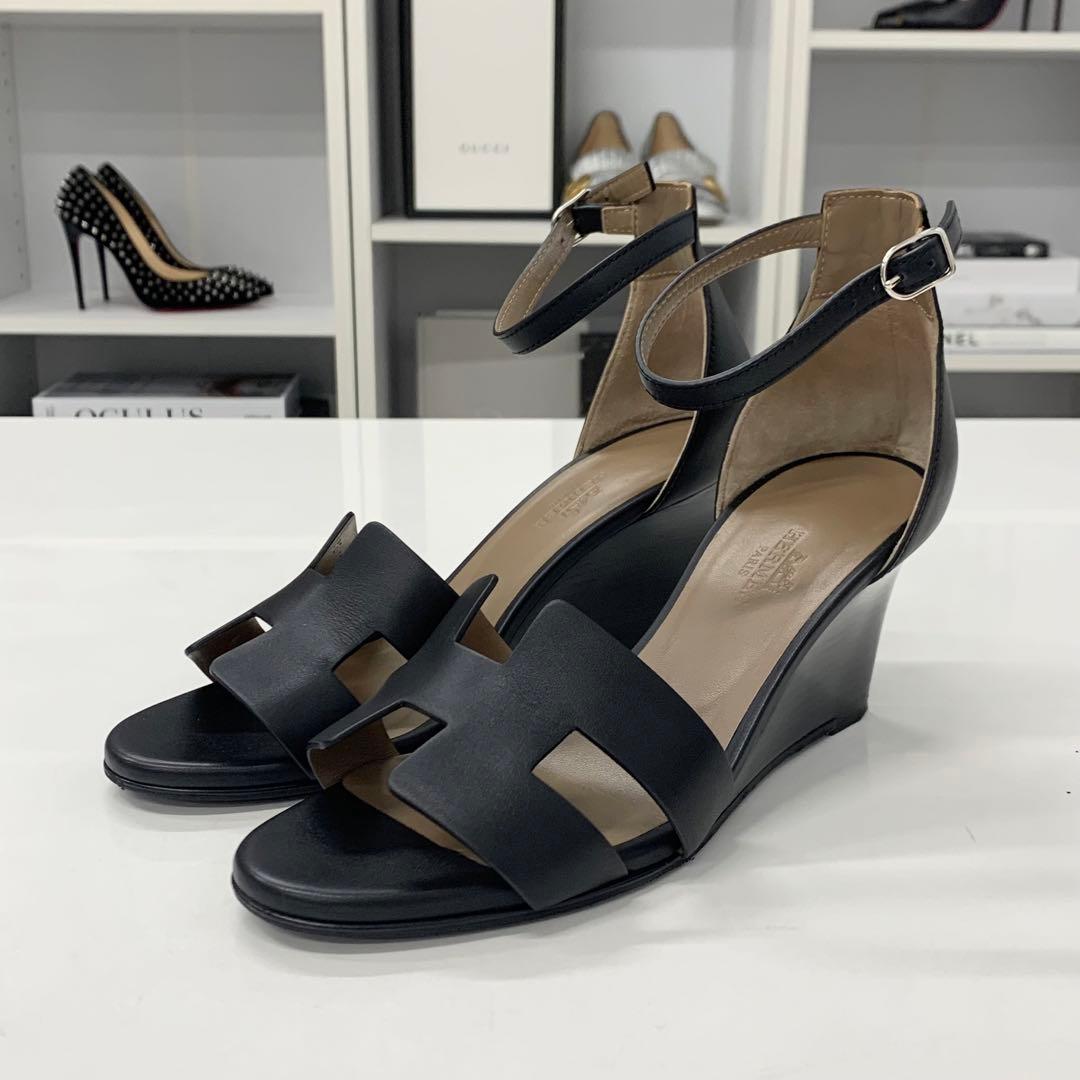 Hermes Legend Leather Wedge Sole Sandals Black — view 3