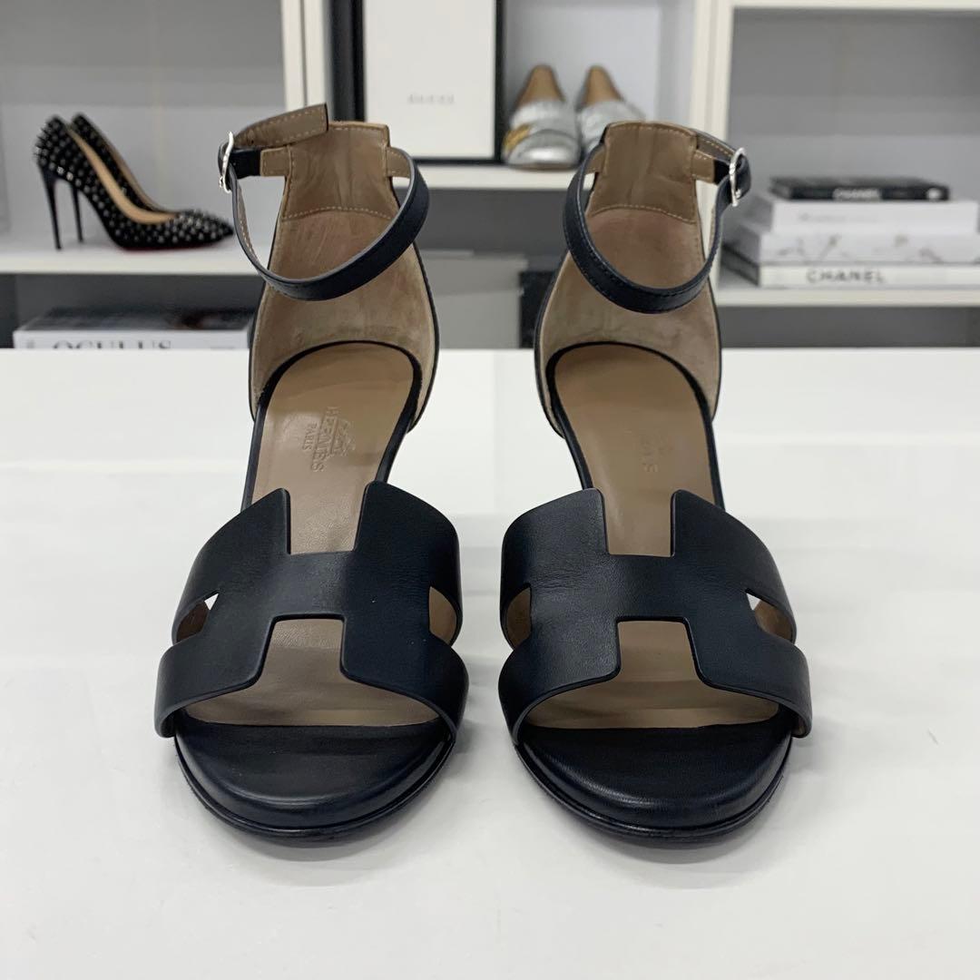 Hermes Legend Leather Wedge Sole Sandals Black — view 4