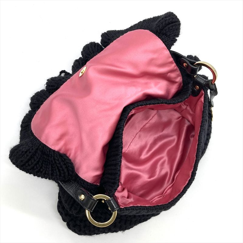 Fendi Handbag Wool Leather 8br445 Black With Charm Women