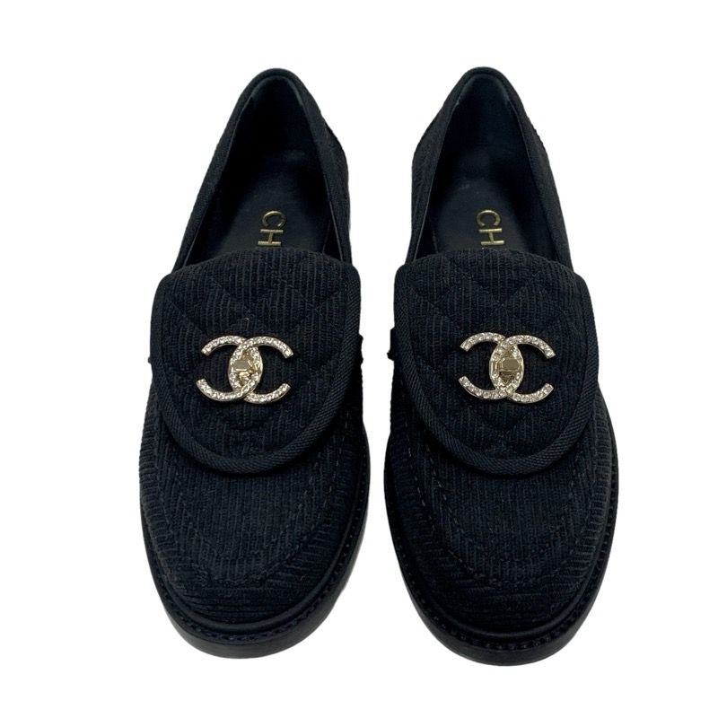 Chanel Loafer Leather Shoes Corduroy Black Gold Turn Lock Here Mark Rhinestone