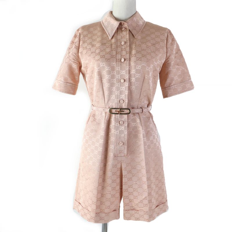 Gucci 691496 Cotton Rayon GG Pattern Belted Jumpsuit All-in-one Tunagi Pink 36