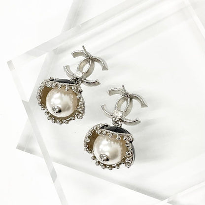 Chanel Earrings Coco Mark Rhinestone Pearl Flower Silver