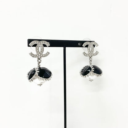 Chanel Earrings Coco Mark Rhinestone Pearl Flower Silver