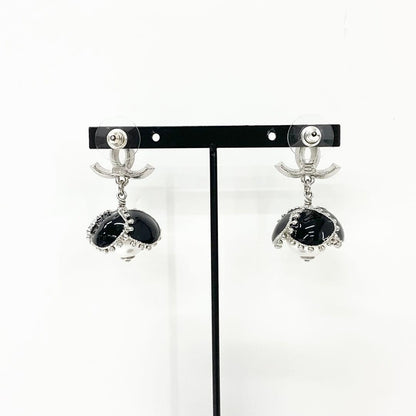 Chanel Earrings Coco Mark Rhinestone Pearl Flower Silver