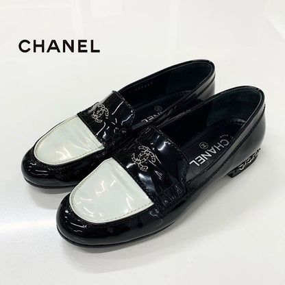 Chanel Patent Coco Mark Chain Loafers Black White