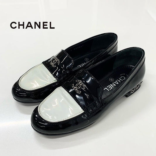 Chanel Patent Coco Mark Chain Loafers Black White