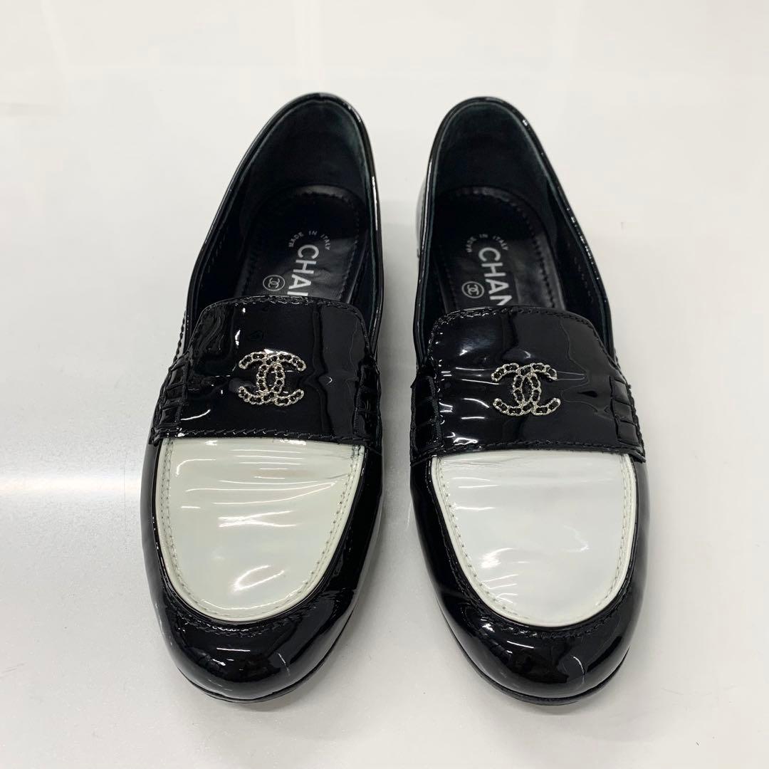 Chanel Patent Coco Mark Chain Loafers Black White