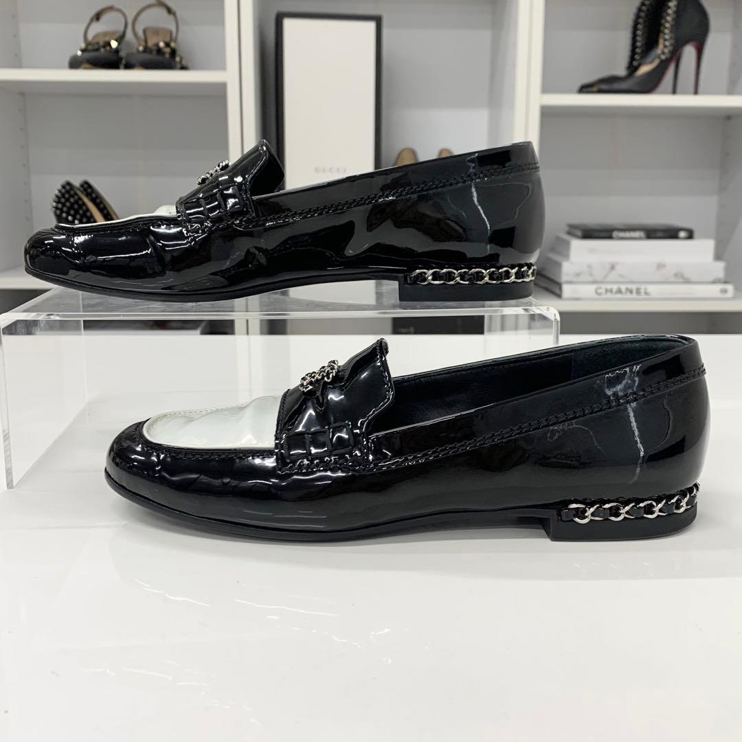 Chanel Patent Coco Mark Chain Loafers Black White