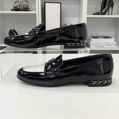 Chanel Patent Coco Mark Chain Loafers Black White