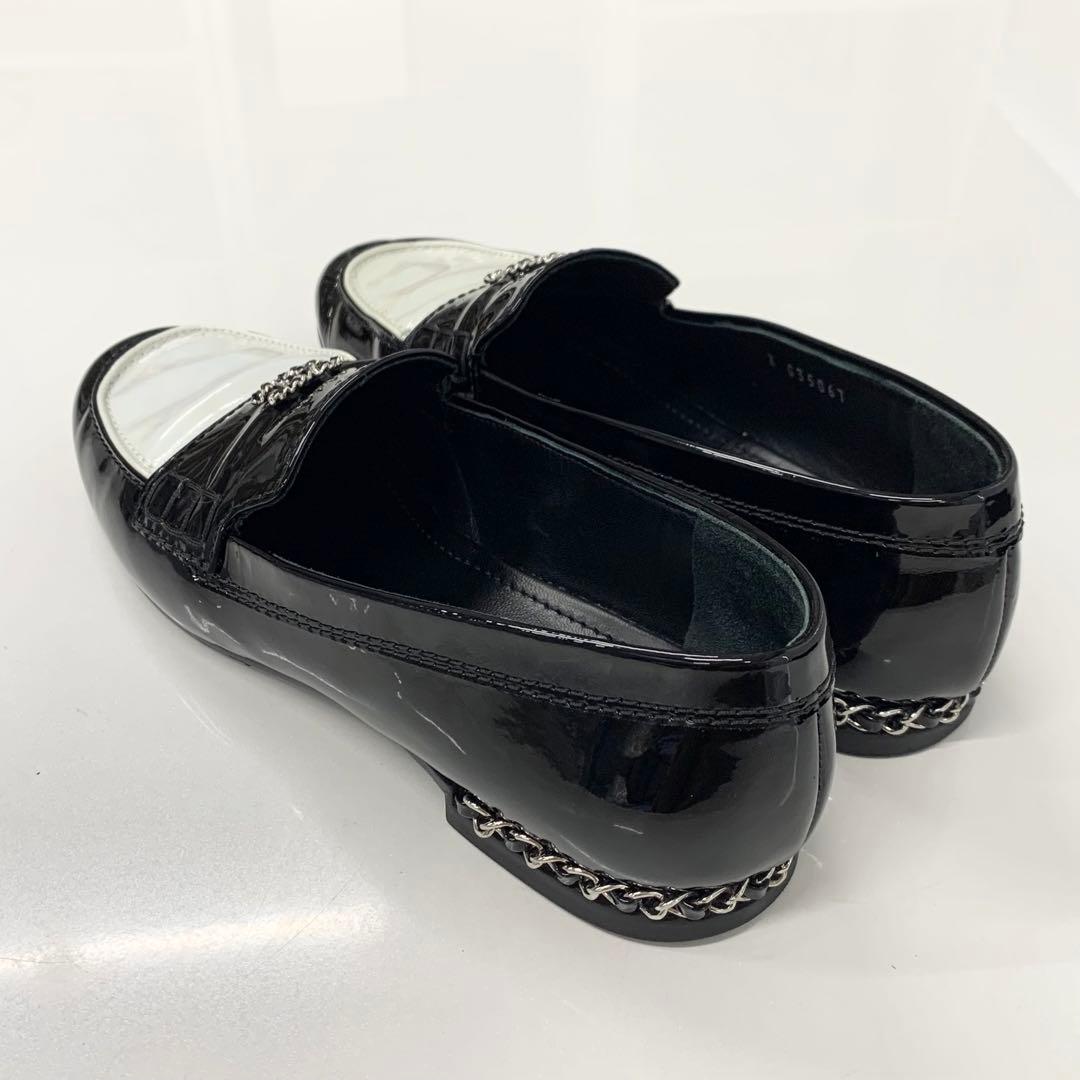 Chanel Patent Coco Mark Chain Loafers Black White