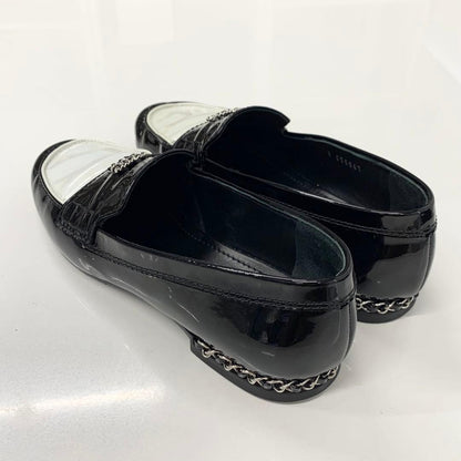 Chanel Patent Coco Mark Chain Loafers Black White