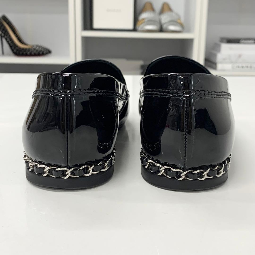 Chanel Patent Coco Mark Chain Loafers Black White