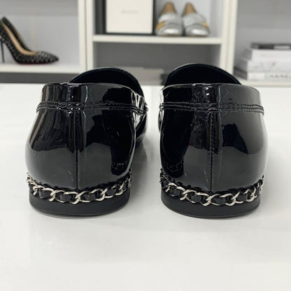 Chanel Patent Coco Mark Chain Loafers Black White