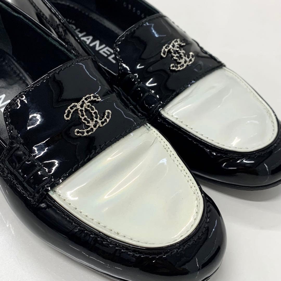 Chanel Patent Coco Mark Chain Loafers Black White