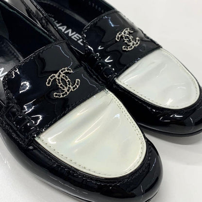 Chanel Patent Coco Mark Chain Loafers Black White