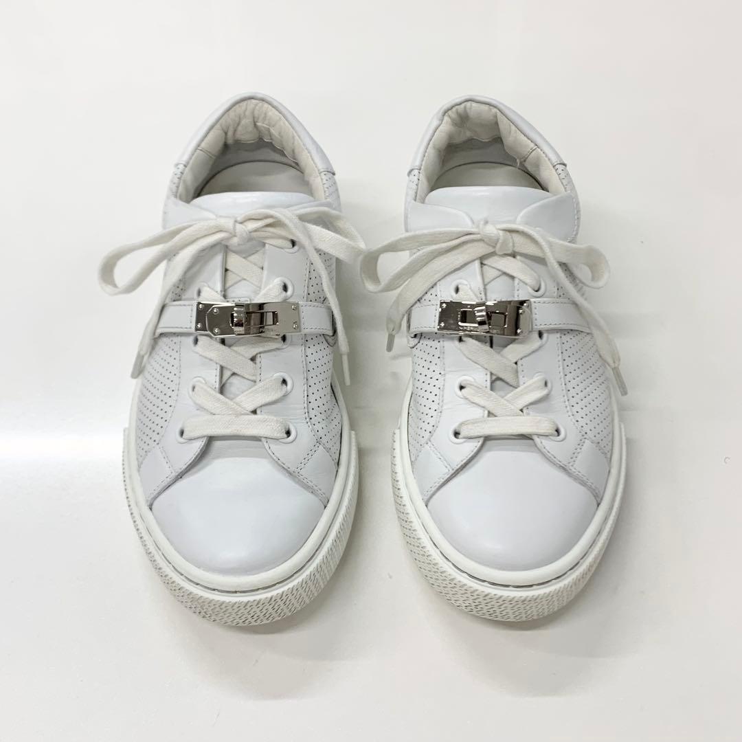 Hermes Day Leather Perforated Kelly Sneakers White — view 2