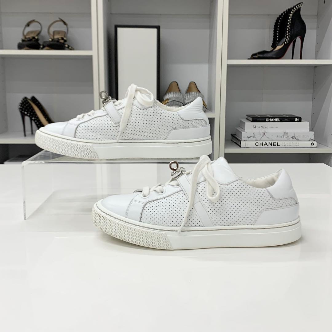 Hermes Day Leather Perforated Kelly Sneakers White — view 3