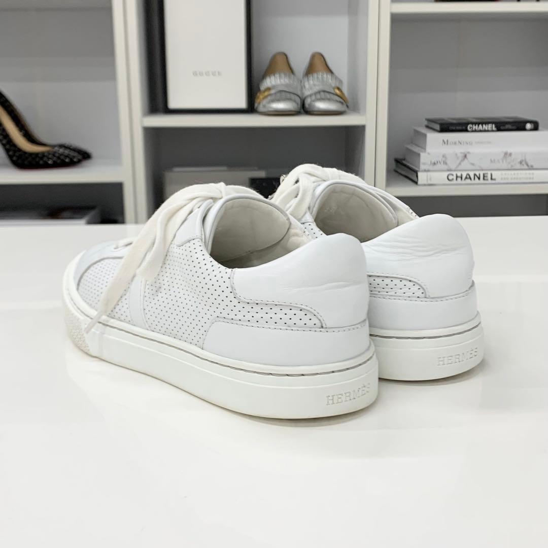 Hermes Day Leather Perforated Kelly Sneakers White — view 4