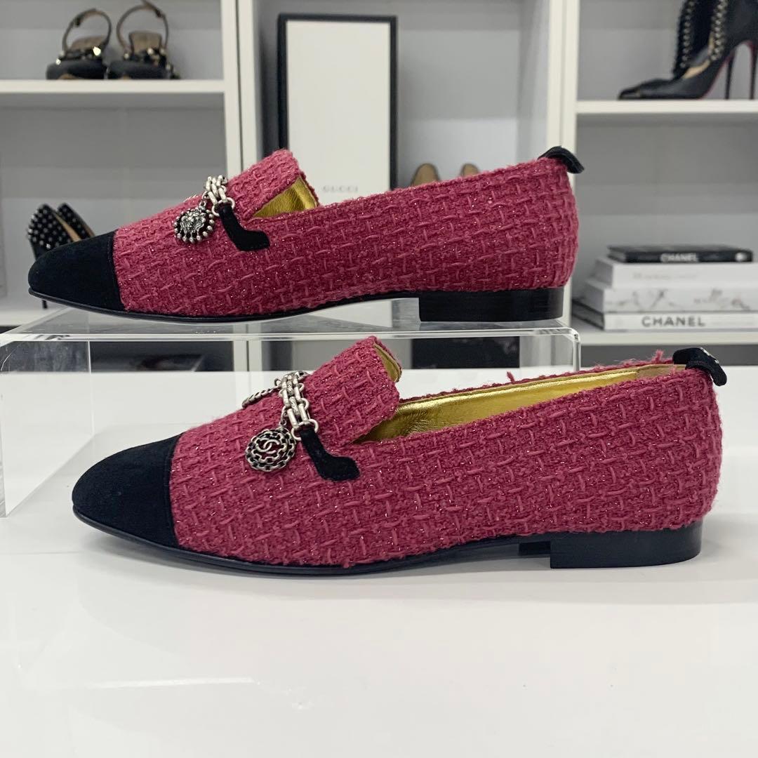 Chanel Cocomark Tweed Suede Chain Charm Flat Shoes