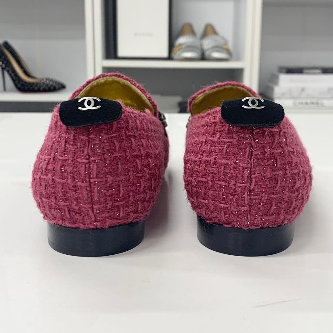 Chanel Cocomark Tweed Suede Chain Charm Flat Shoes