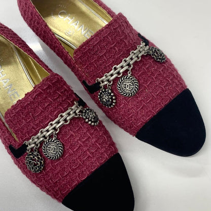 Chanel Cocomark Tweed Suede Chain Charm Flat Shoes