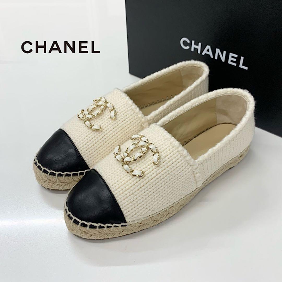 Chanel CC Logo Espadrille Fabric Leather Flat Shoes