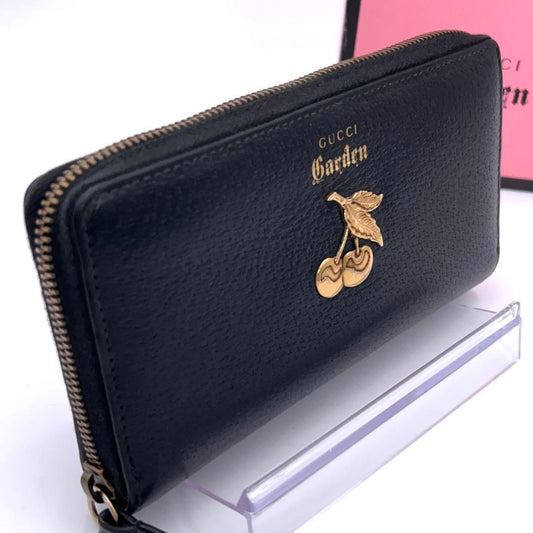 Gucci Garden Wallet Cherry Black Leather Zip Around