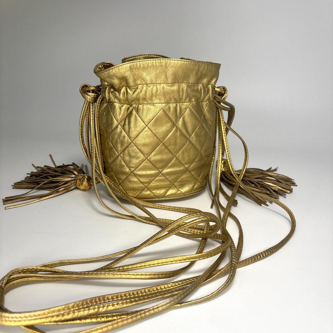 Chanel Super Drawstring Chain Shoulder Bag Lambskin Gold — view 5