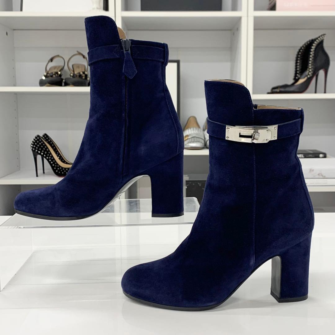 Hermes Jews Kelly Hardware Suede Short Boots Navy