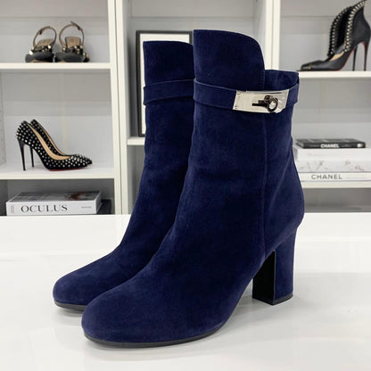 Hermes Jews Kelly Hardware Suede Short Boots Navy