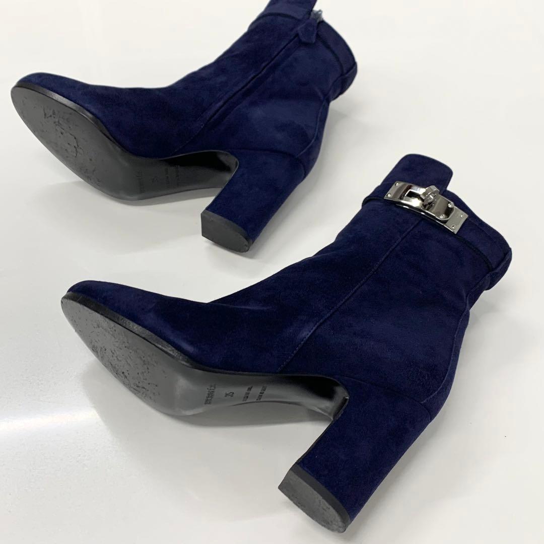 Hermes Jews Kelly Hardware Suede Short Boots Navy