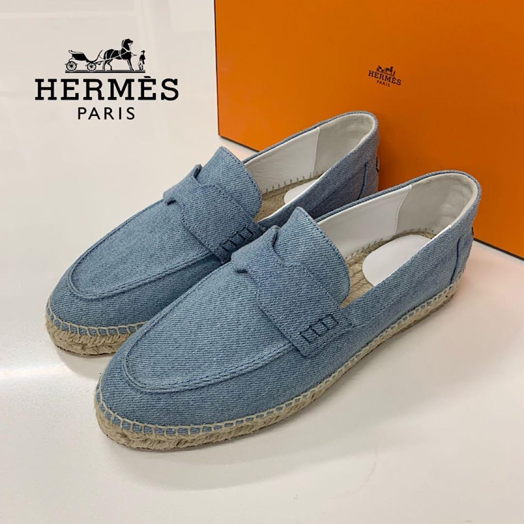 Hermes Trip Espadrilles Denim Flat Shoes Blue