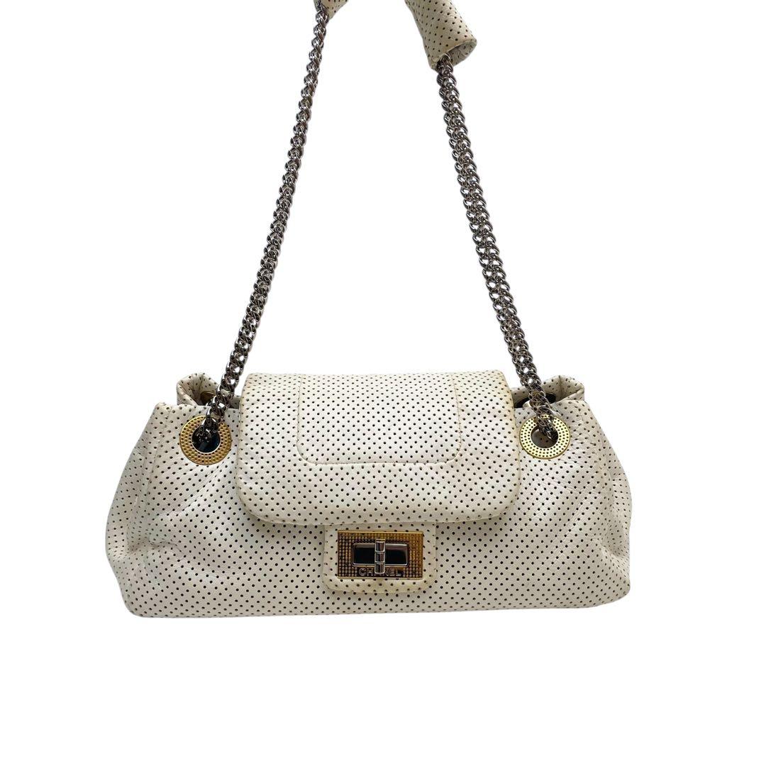 Chanel Leather Punching Chain Shoulder Hand Bag White