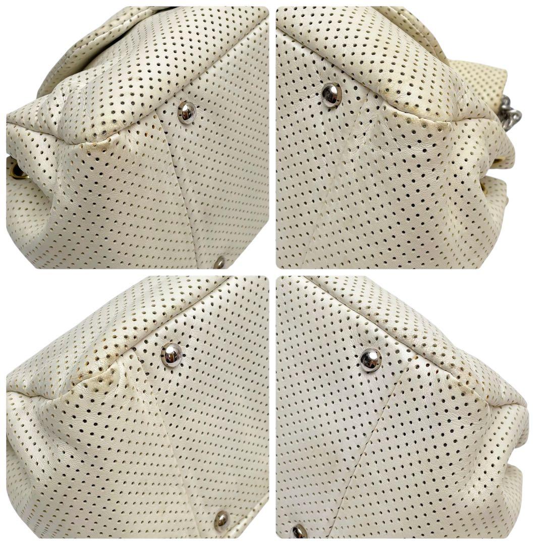 Chanel Leather Punching Chain Shoulder Hand Bag White