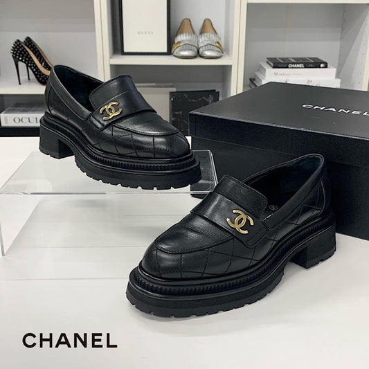 Chanel Quilted CC Logo Leather Platform Loafers Black
