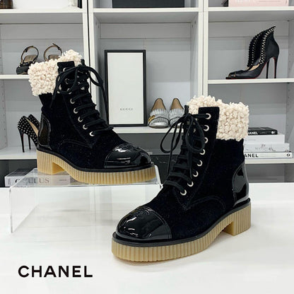 Chanel CC Logo Fabric Patent Fleece Short Boots
