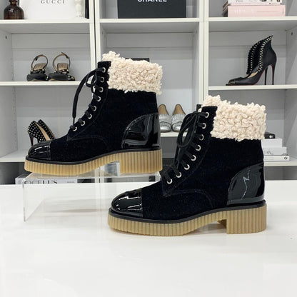 Chanel CC Logo Fabric Patent Fleece Short Boots — view 2