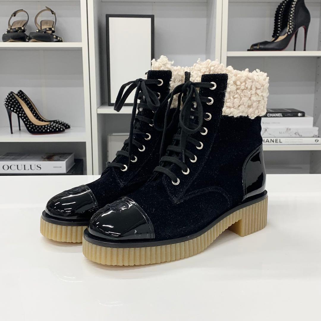 Chanel CC Logo Fabric Patent Fleece Short Boots — view 3