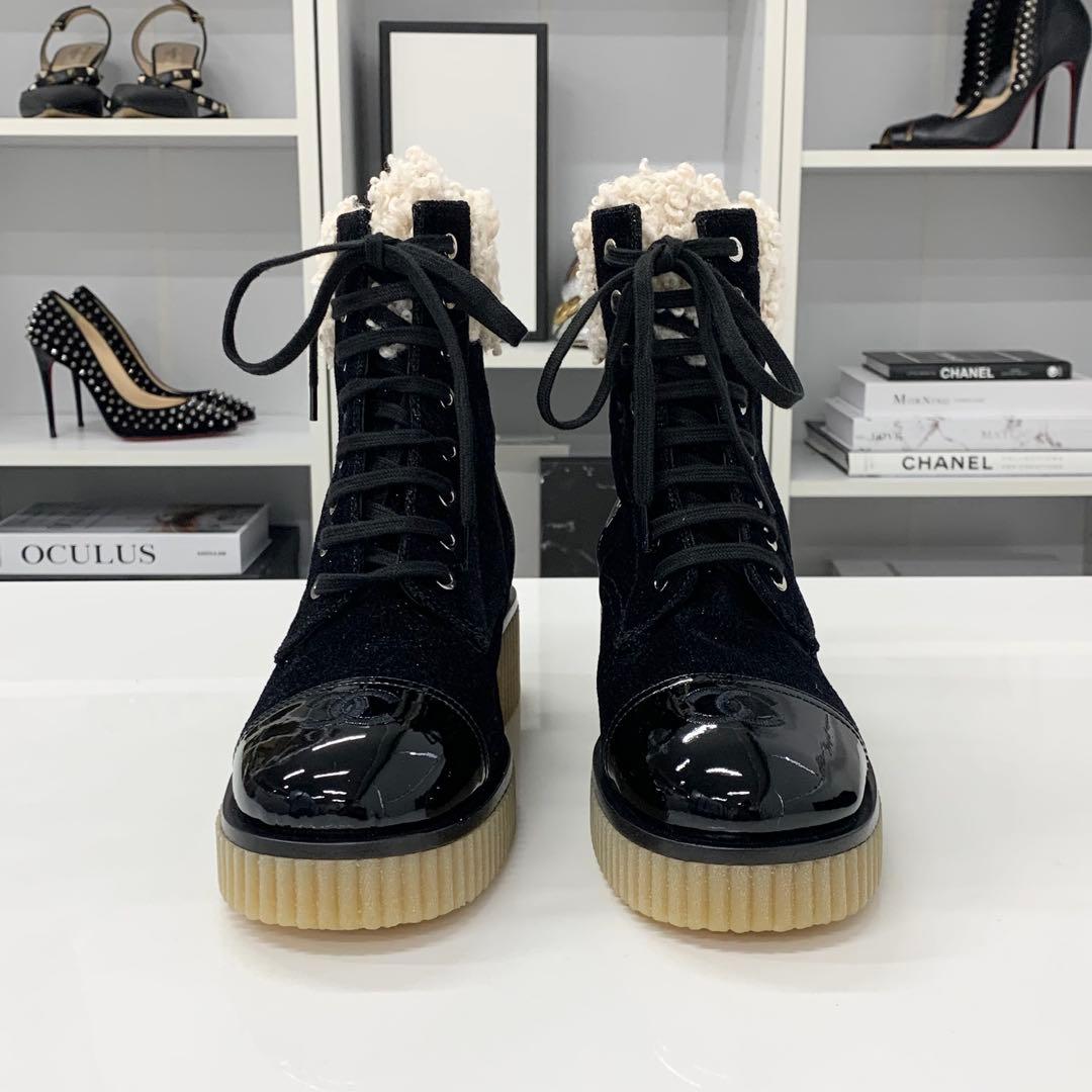 Chanel CC Logo Fabric Patent Fleece Short Boots — view 4