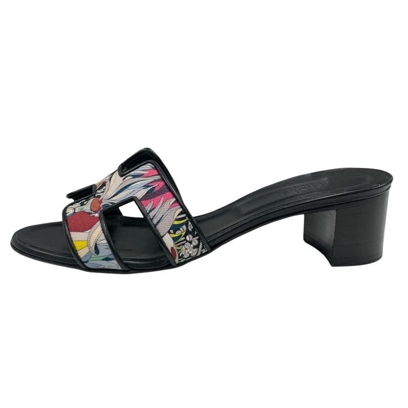 Hermes Oasis Sandals Shoes Leather Fabric Black Multicolor Mules