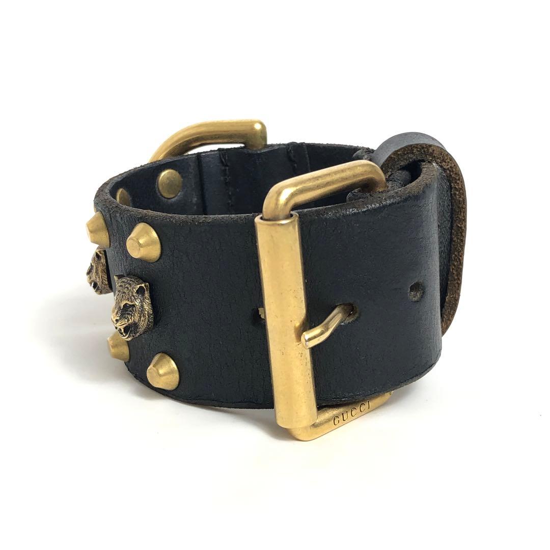 Gucci Leather Bracelet Cat Head Black Gold Hardware