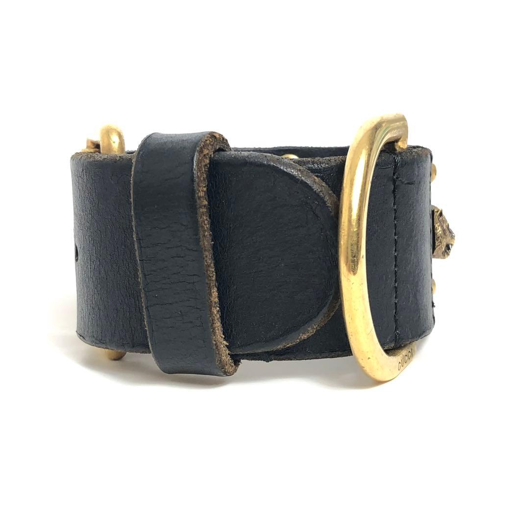 Gucci Leather Bracelet Cat Head Black Gold Hardware