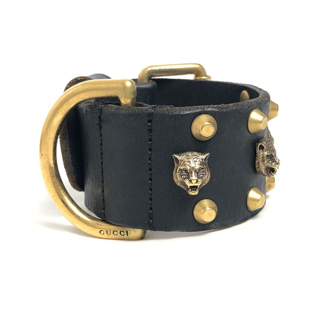 Gucci Leather Bracelet Cat Head Black Gold Hardware