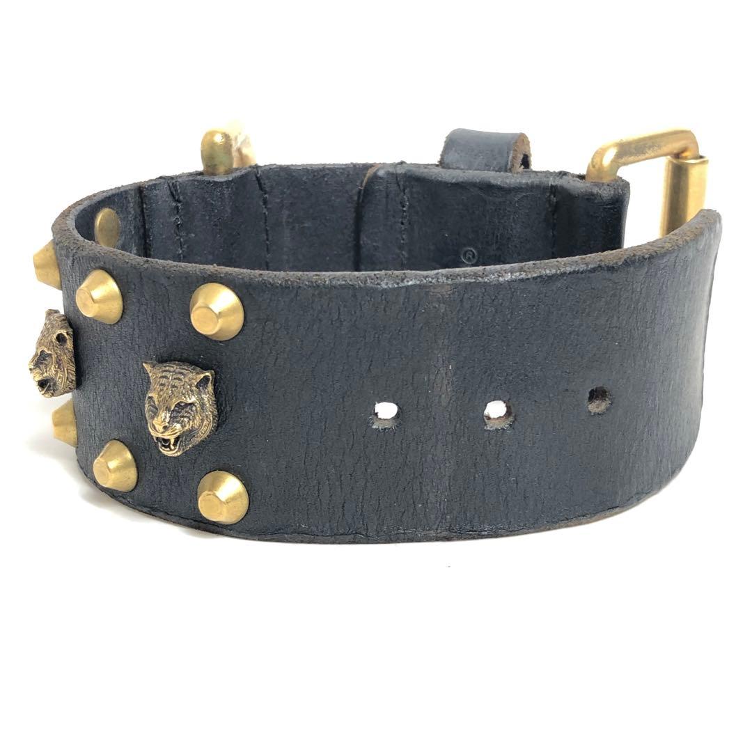 Gucci Leather Bracelet Cat Head Black Gold Hardware