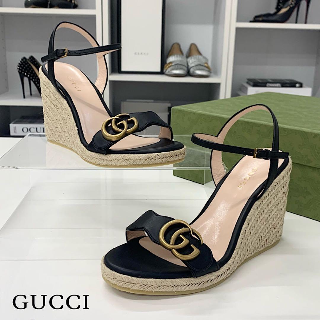 Gucci Leather Double G Wedge Sole Espadrille Sandals Black
